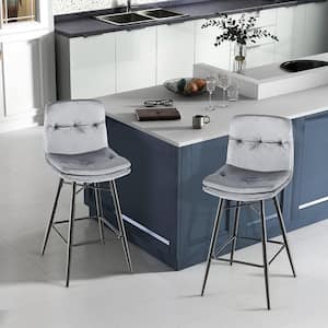 28.5 in. Metal Grey Low Back Velvet Bar Stools Bar Height Kitchen Dining Chairs with Metal Legs Set of 2
