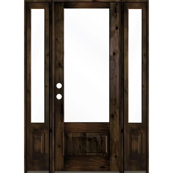 Krosswood Doors 64 in. x 96 in. Farmhouse Knotty Alder Right-Hand/Inswing 3/4 Lite Clear Glass Black Stain Wood Prehung Front Door