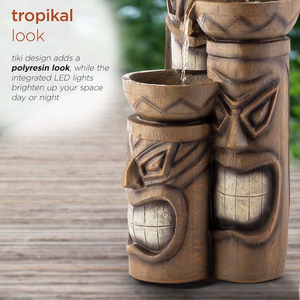 29 in. Tall Outdoor 3-Tier Polynesian Tiki Head Water Fountain, Brown