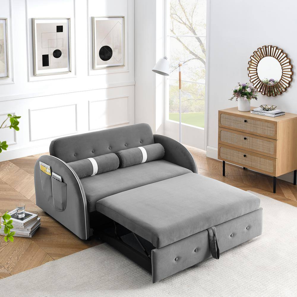 J&E Home 70 in. W Gray Velvet Full Size Convertible 2Seat Sleeper Sofa