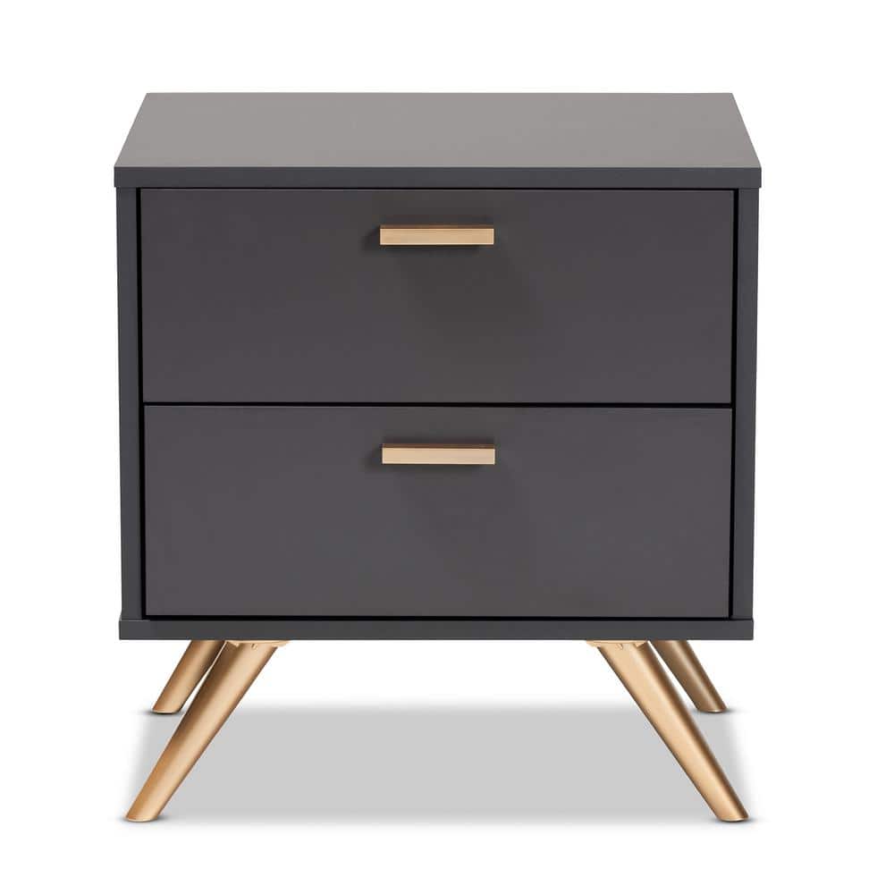 Kelson Dark Gray and Gold Wood 2-Drawer Nightstand