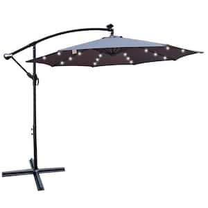 10 ft. Steel Cantilever Solar Patio Umbrella in Medium Gray with 24 Solar LED Lights and Cross Base for Garden Backyard