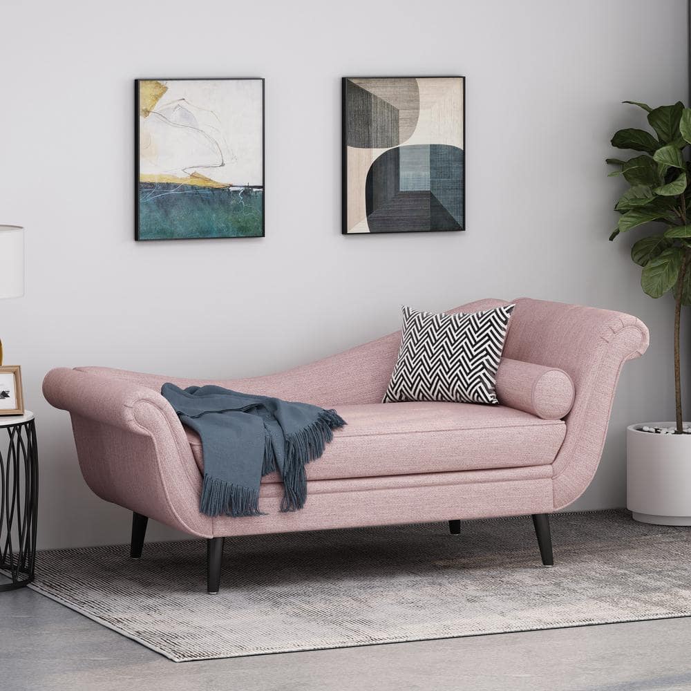Light Blush Velvet Chaise Lounge with Wood Legs