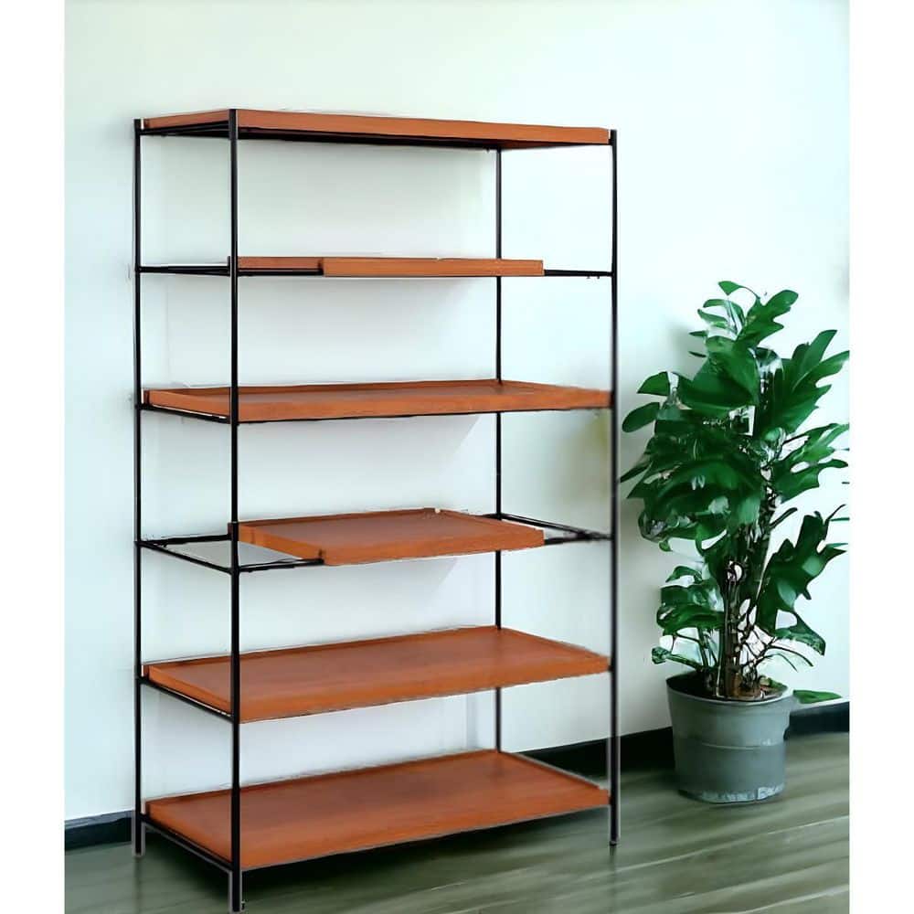 70 in. Tall Brown, Black Metal 6 Shelf Standard Bookcase