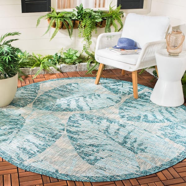 Courtyard Gray/Aqua 7 ft. x 7 ft. Round Border Indoor/Outdoor Patio  Area Rug