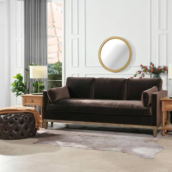 Leonard Modern 84 in. Straight Arms Performance Velvet Rectangle Farmhouse Sofa in Deep Brown with Pillows