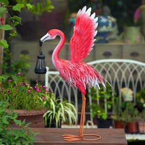 Pink Metal Flamingo Garden Outdoor Statues with Solar Lantern -Flamingo Lawn Ornaments for Home, Patio, Backyard Decor