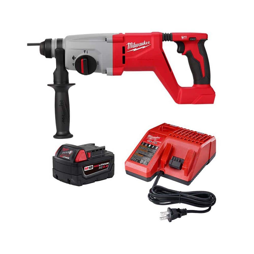 M18 18-Volt Lithium-Ion Brushless Cordless 1 in. SDS-Plus D-Handle Rotary Hammer with 5.0Ah Starter Kit -  Milwaukee