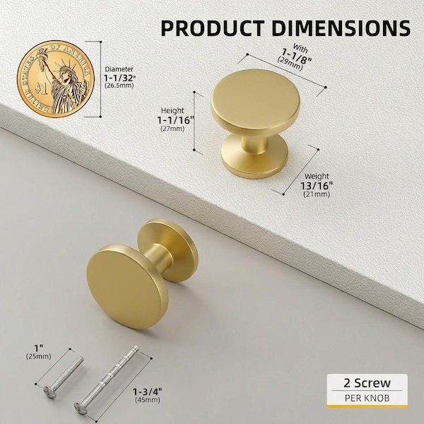 gold knob for dresser LAIFUCAM 10 Pack 1-1/8 in. Brushed Brass Cabinet Knobs Round Modern Zinc Alloy Pulls Kitchen Bathroom vintage dresser knobs