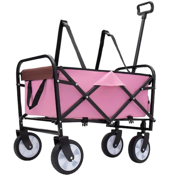 9.8 cu. ft. Pink Fabric Folding Garden Cart, Utility Wagon Grocery Cart with Strap for Camping, Shopping, Fishing