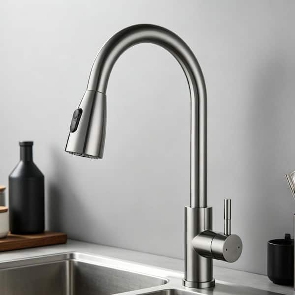 Stainless Steel Single-Handle Pull Down Sprayer Kitchen Faucet in Brushed Nickel