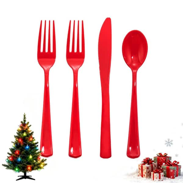 160-Piece Christmas Red Plastic Disposable Silverware Set, Heavy Duty Christmas Silverware of 80 Forks, 40 Spoons Knives