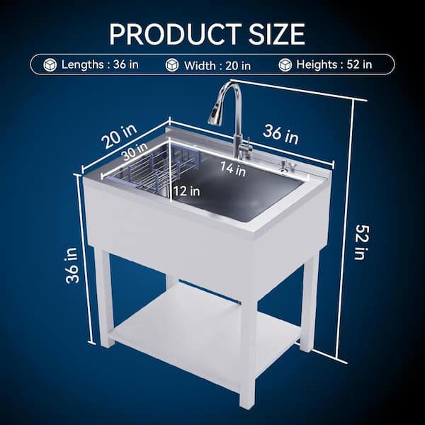 Adrinfly 20 in. D x 36 in. W Freestanding Stainless Steel Utility Sink in White with Faucet, Cold/Hot Water Hoses and Drain Kit