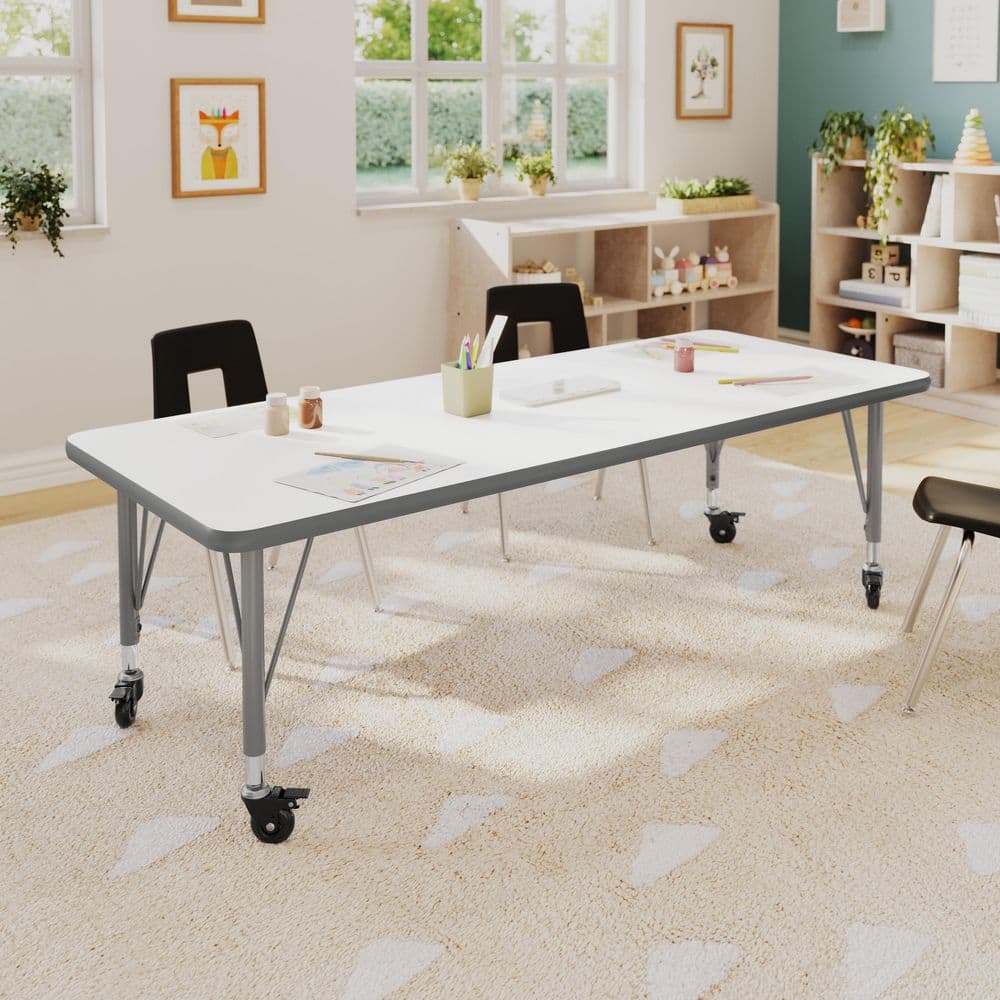 Wren Adjustable White Top/Silver Frame Rectangle Kids Activity Table with Thermal Laminate Top for 4