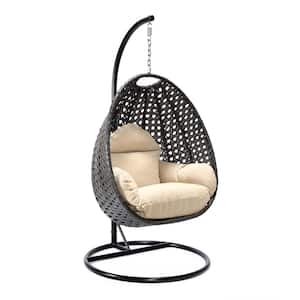 Charcoal Wicker Indoor Outdoor Hanging Egg Swing Chair For Bedroom and Patio with Stand and Cushion in Taupe