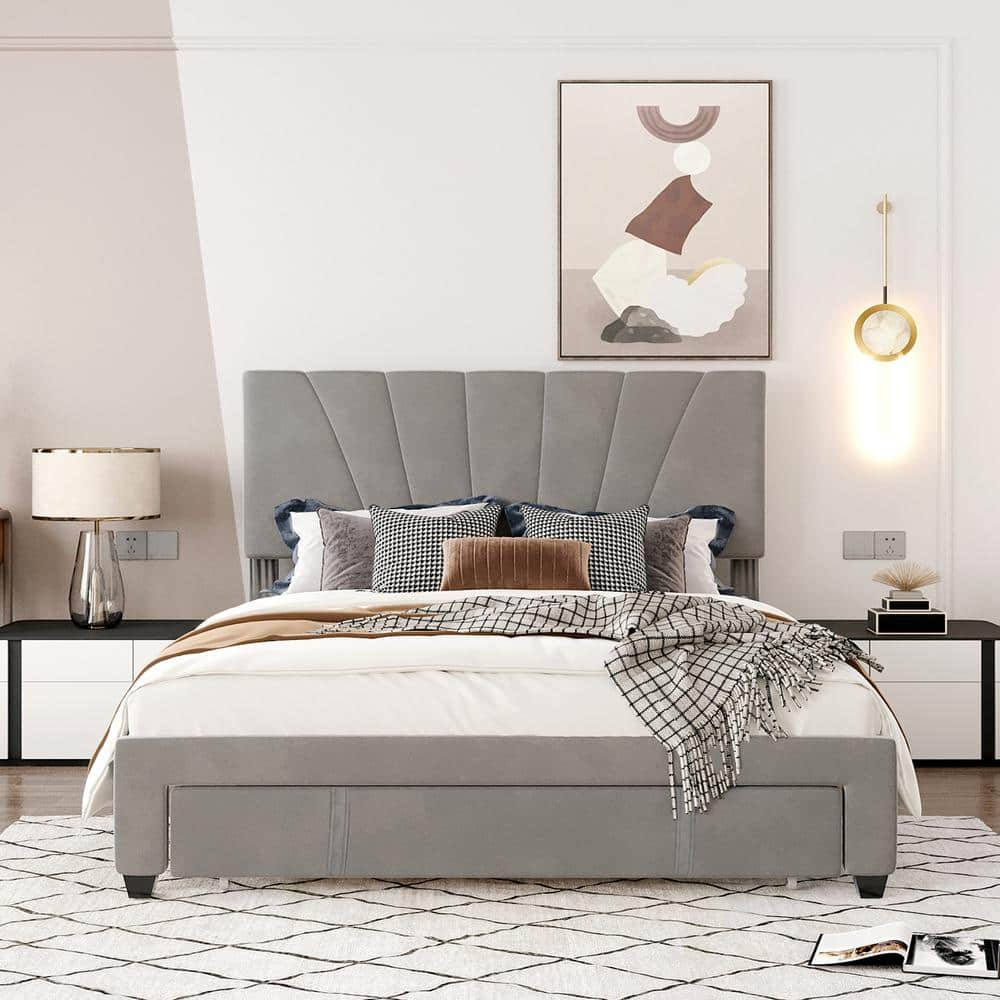 Qualler Gray Queen Size Velvet Upholstered Storage Platform Bed with 1 ...