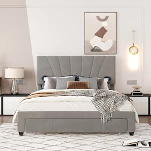 Gray Queen Size Velvet Upholstered Storage Platform Bed with 1 Big Drawer