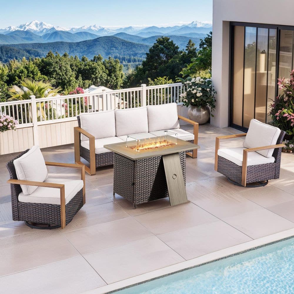 Funky Brown 4-Piece Fire Pit Patio Set Wicker Outdoor Conversation Sets with Swivel Rocking Chairs and Beige Cushions price history on PriceWatchPro