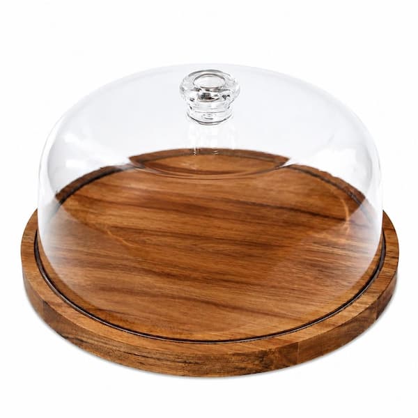12 in. Round Acacia Wood Cake Stand with Clear Acrylic Dome Lid 2-in-1 Dessert and Charcuterie Display
