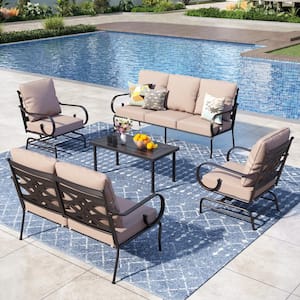 7 Seat 5-Piece Black Metal Steel Outdoor Patio Conversation Set with Beige Cushions, 2 Motion Chairs And Table