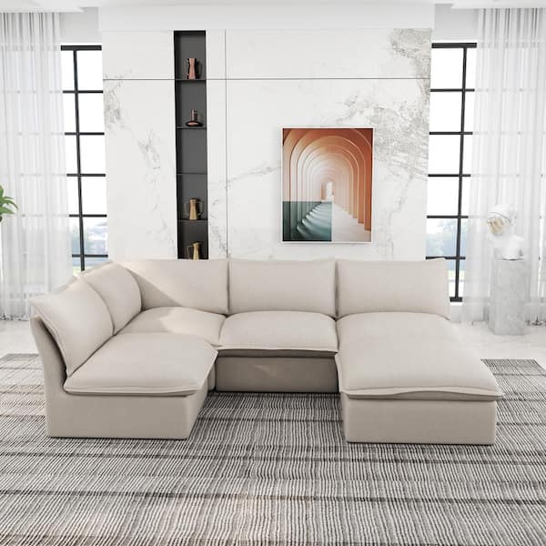 122.8 in. Flared Arm 5-Piece Linen L-Shaped Sectional Sofa Pine Wood Overstuffed Cloud Couch with Beige Storage Ottoman