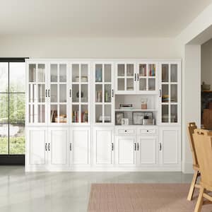 110.2 in. Width Luxurious Wide White Wooden 25-Shelves Accent Bookcase with Tempered Glass Door and 2-Drawers