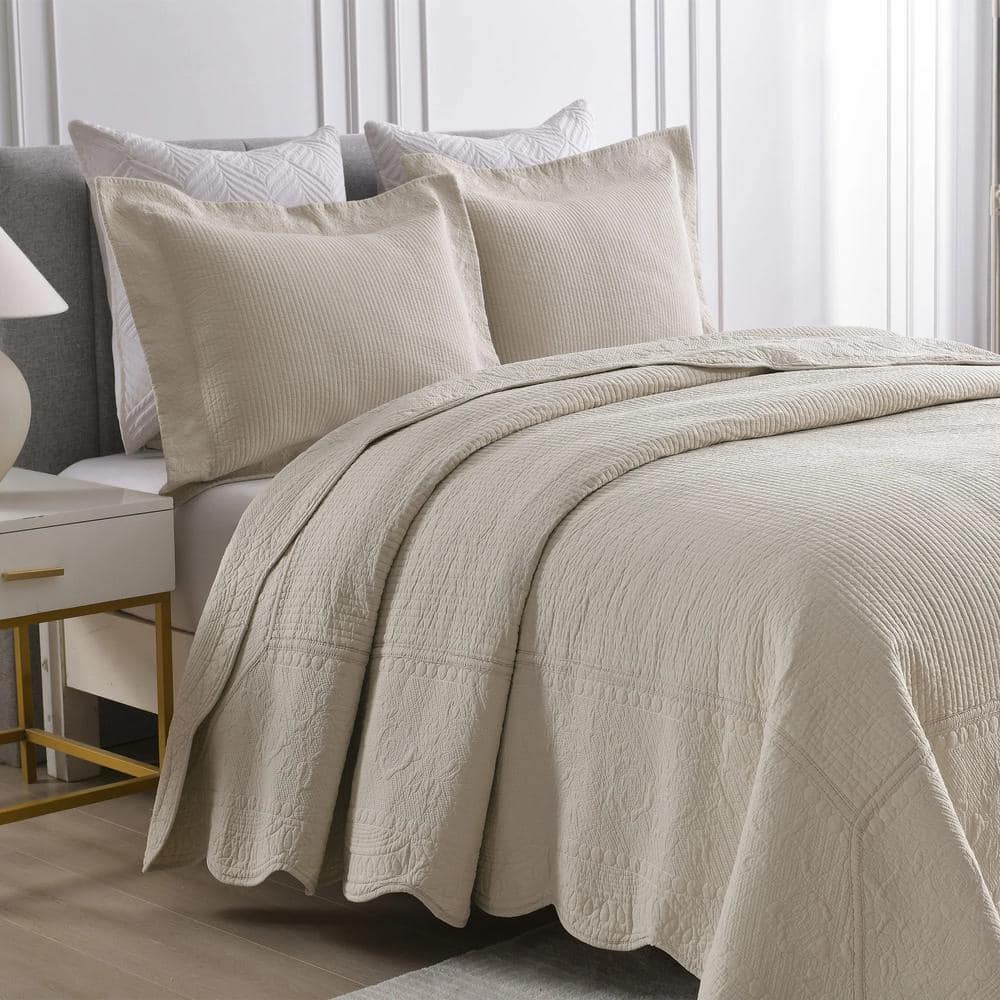 King Size Khaki Cotton Reversible Embroidered Bedspread Set