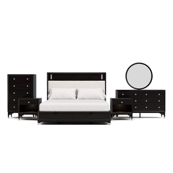 Forma 6-Piece Mid Century Black Wood King Platform Bedroom Set with Reading Lights