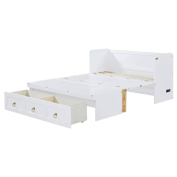 Qualler White Wood Frame Full Size Murphy Bed with USB Port and Drawer