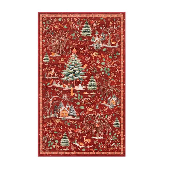 Christmas Woodland Forest Red Trees Animals Snowflake Non-Slip 3 ft. x 5 ft. Living Room/Bedroom Indoor Area Rug