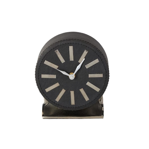 Litton Lane Black Faux Leather Round Clock with Silver Rectangular Base