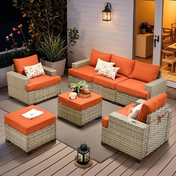 Tiberty Gray 7-Piece Wicker Patio Conversation Seating Set with Orange Red Cushions