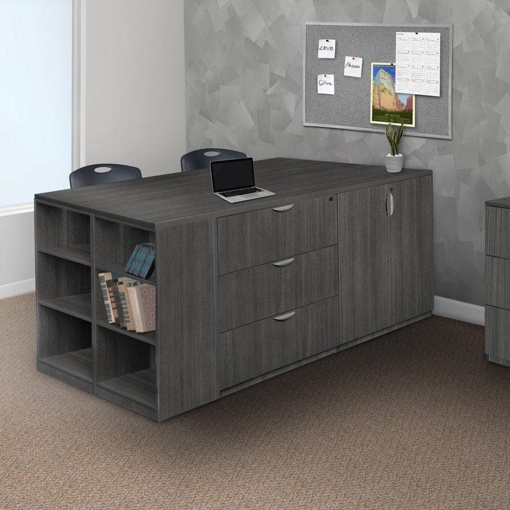 Legacy 85 in. Ash Grey Stand Up 2 Desk / Storage Cabinet/ Lateral File Quad with Bookcase End