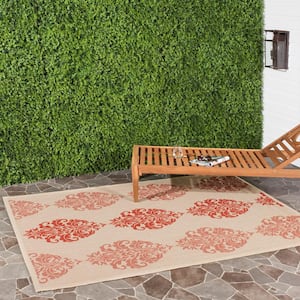 Courtyard Natural/Red Doormat 2 ft. x 4 ft. Floral Indoor/Outdoor Patio Area Rug