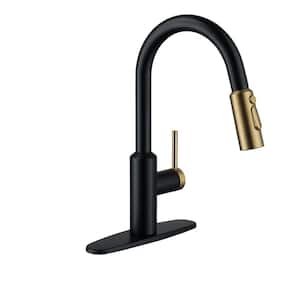 3-Spray Patterns 1.8 GPM Single Handle Pull Down Sprayer Kitchen Faucet with Deckplate in Matte Black & Brushed Gold