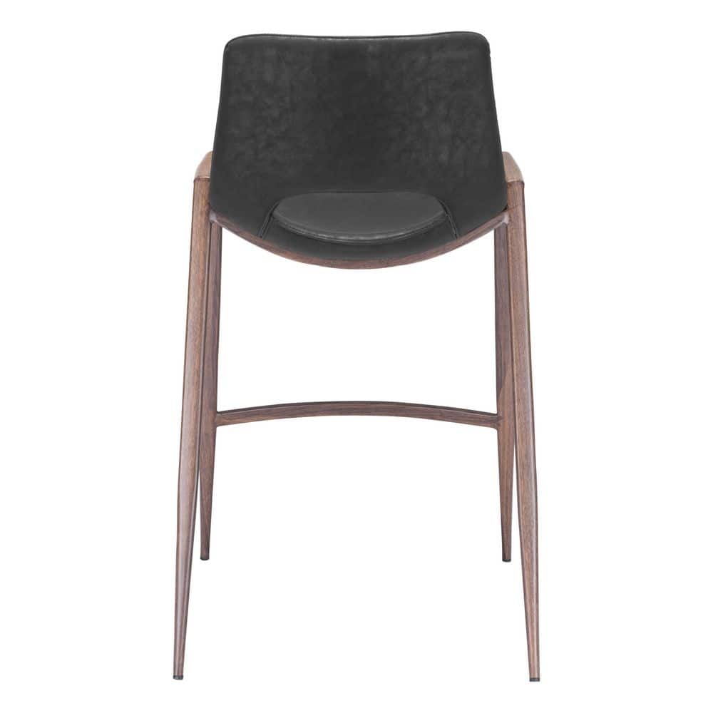 Black Leather and Walnut Wood Counter Stools, Set of 2