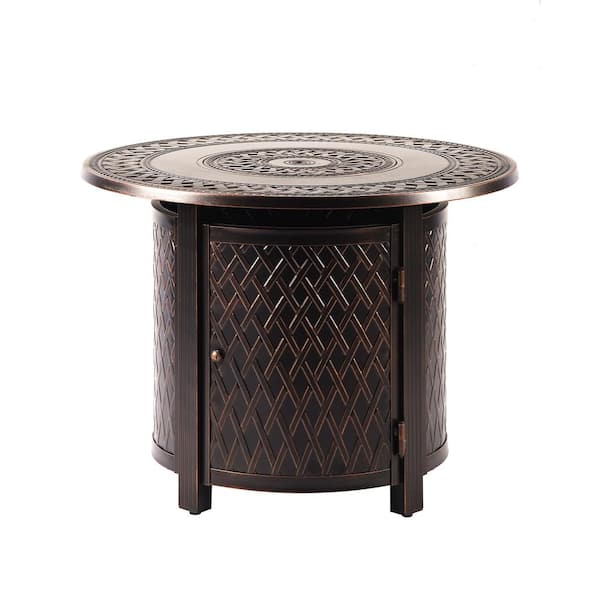 34 in. Round Aluminum Outdoor Propane Fire Table with Fire Beads, Lid and Covers in Copper