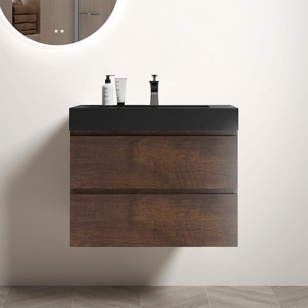 NOBLE 30 in. W x 18 in. D x 25 in. H Single Sink Floating Bath Vanity in Wood with Black Solid Surface Integral Top