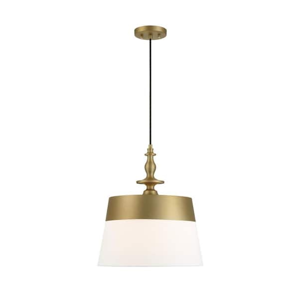 Ava 60-Watt 1-Light Brushed Gold Transitional Pendant Light with White Fabric Shade and No Bulbs Included