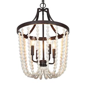 Coastal 4-Light Candlestick White Beaded Chandelier for Entryway, Foyer with Brown Accent and No Bulb Included