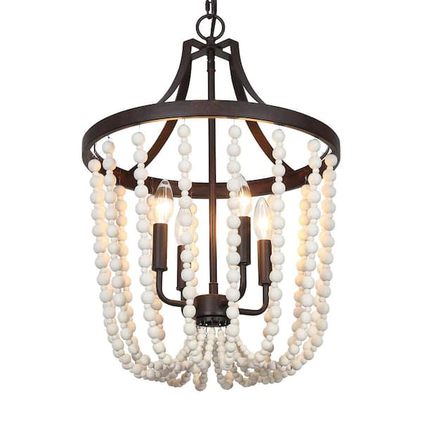 Unbranded Coastal 4-Light Candlestick White Beaded Chandelier for Entryway, Foyer with Brown Accent and No Bulb Included