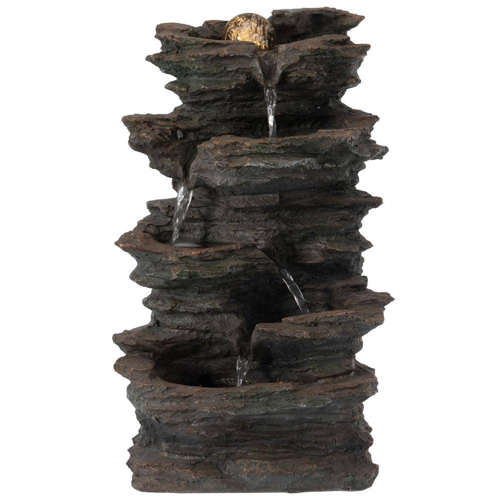 Gardenised Decorative 4-Tier Rock Look Water Fountain with LED Rolling Glow Ball for Home and Garden