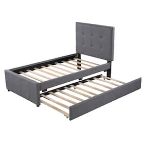 76 in. Gray Twin Size Platform Bed with Trundle and Headboard, Upholstered Platform Bed Frame, No Box Spring Needed