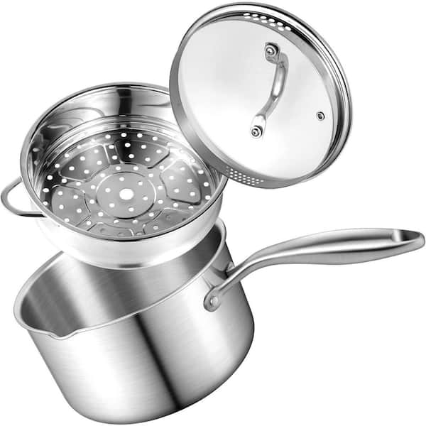 1.5 qt. Stainless Steel Nonstick Sauce Pan Tri-Ply Multipurpose with Steamer Basket in Silver with Lid