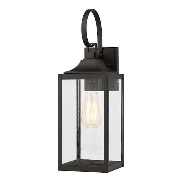 Home Decorators Collection Havenridge 19 in. 1-Light Matte Black Hardwired Outdoor Wall Lantern Sconce with Seeded Glass (1-Pack)