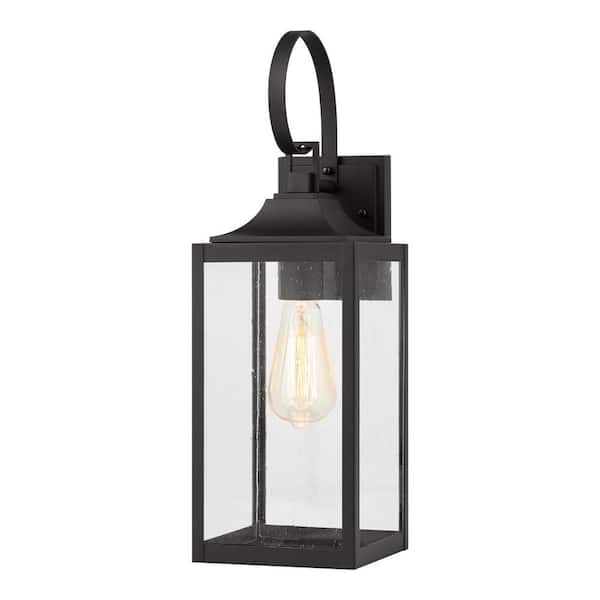 Home Decorators Collection Havenridge 19 in. 1-Light Matte Black Hardwired Outdoor Wall Light Lantern Sconce with Seeded Glass (1-Pack)