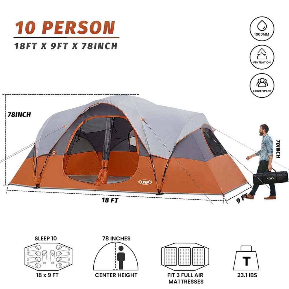 10-Person Orange Polyester 2-Room Camping Tent