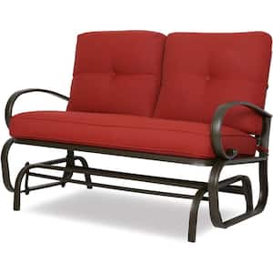 2-Person Metal Outdoor Glider Bench with Red Cushion
