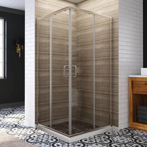 FORCLOVER 36 in. W x 72 in. H Square Sliding Framed Corner Shower Enclosure in Brushed Nickel Finish with Clear Glass