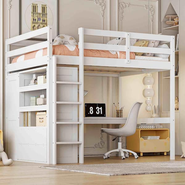 White Full Size Wood Loft Bed with Built-in Wardrobe, Desk, Storage Shelves and Drawers